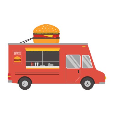 Kamyonda fast food. Çizgi film dizaynında hamburger kamyonu teslimatı. Küçük işletme konsepti. Web tasarımı, bilgi şeması ve broşür için kullanılabilir. Vektör düz resimleme