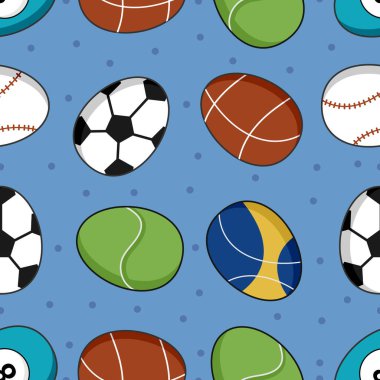 Paskalya yumurtalarıyla kusursuz desenler. Top motifli şirin bir paskalya yumurtası. Tebrik kartları, posterler, davetiyeler, gömlekler, yastıklar, kupalar, ambalajlar, kumaşlar, duvar kağıtları, çocuk odası için vektör ilülasyonu