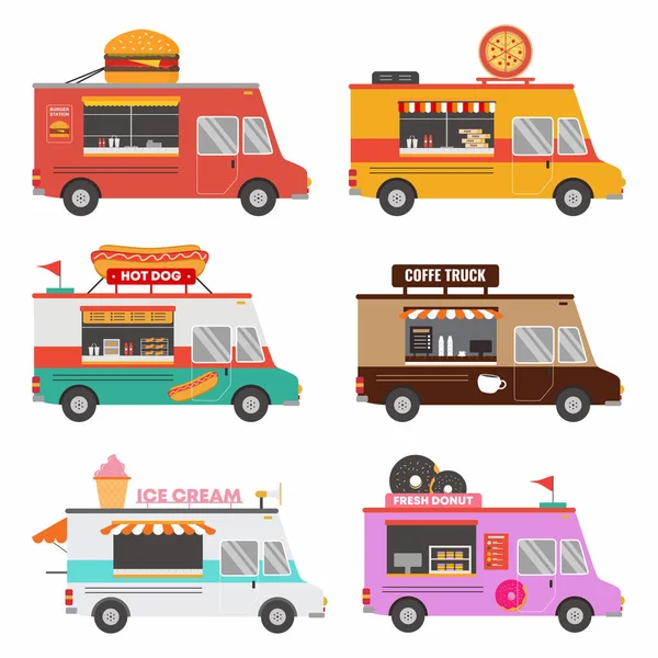 Set Collection Fast Food Shop Truck Pizza Burger Coffee Donut — Stock Vector