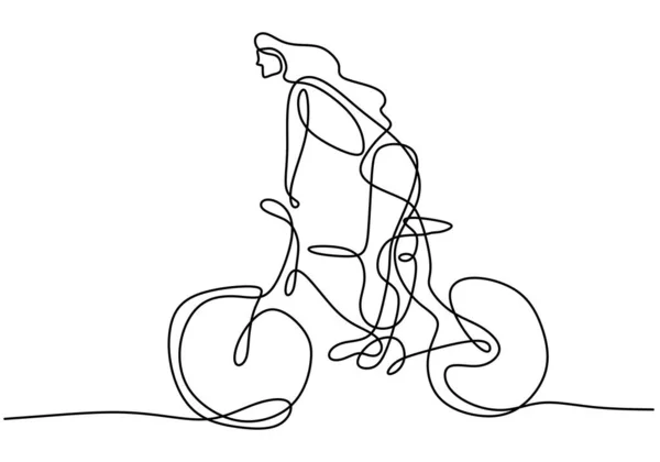 若いスポーティな女性が自転車に乗り 自転車でトリックを実行する1つの連続線画 ミニマリストアートを描く自転車の手に長い髪の立っているスタイルの女の子 ベクターイラスト — ストックベクタ