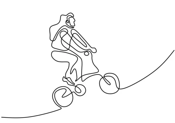 幸せな女性自転車に乗って折り畳まれた自転車の連続線画 若い精力的な女の子の通りに白い背景に隔離された自転車に乗る 健康的なライフスタイルのコンセプト ベクターイラスト — ストックベクタ