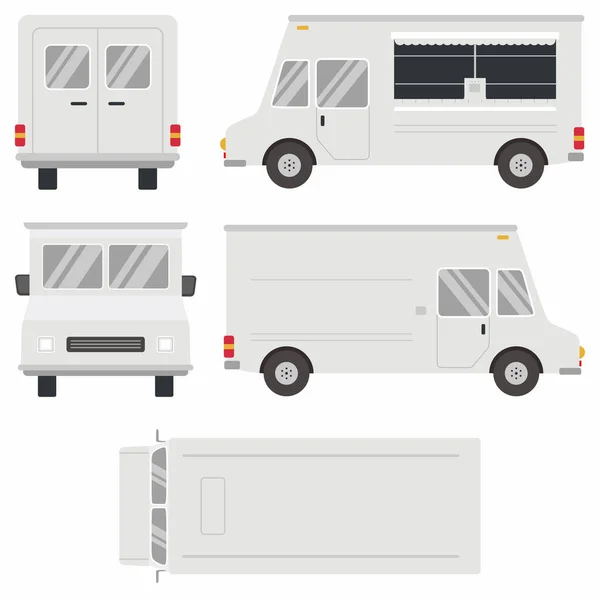 Set White Food Truck Mobile Kitchen Van Isolated White Background — Stock Vector