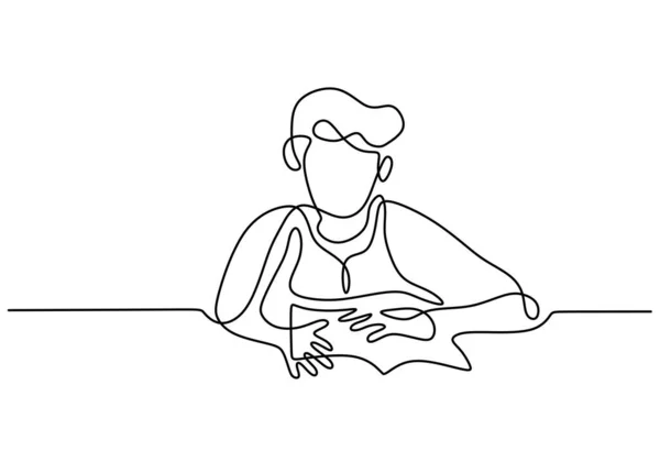 一个正在看书的男孩的连续线条画 年轻的少年坐在图书馆看书 教育的概念是独立于白人背景的 矢量说明 — 图库矢量图片