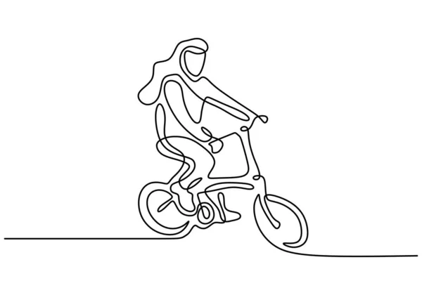 Continuous Line Drawing Happy Woman Cycling Ride Folded Bicycle Young — Stock Vector