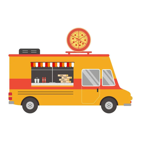 Flache Cartoon Pizza Truck Ikone Italienische Speisekarte Pepperoni Street Food — Stockvektor