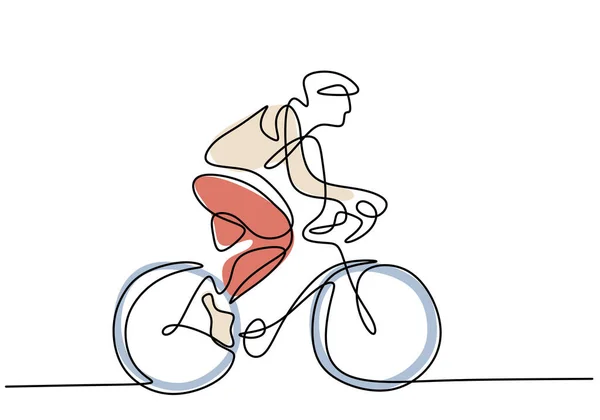 一个连续单行画的年轻人骑自行车锻炼 健康通勤者的生活方式概念线性草图孤立于白色背景 矢量说明 — 图库矢量图片