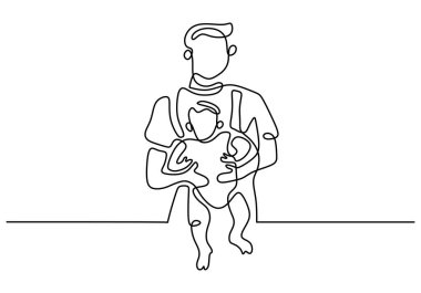 Genç bir babanın çocuğunu taşırken sürekli çizdiği bir çizgi. Mutlu Babalar Günü konsepti beyaz arka planda izole edildi. Mutlu aile ebeveynliği tek çizgi çizimi sanat karalaması asgari illüstrasyon