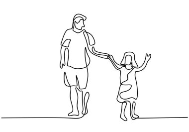 Sürekli olarak genç bir babanın kızını tutarken ve sokakta birlikte yürürken çizdiği çizimler. Mutlu Babalar Günü teması beyaz arka planda izole edildi. Vektör minimalist tasarım çizimi