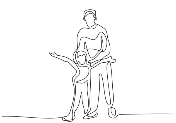 Father Walking Together His Son Continuous One Line Drawing Happy — Διανυσματικό Αρχείο