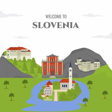 Slovenya 'da vektör düz seyahat ikonu. Slovenya 'ya hoş geldiniz. Dünyaca ünlü bina simgesi seyahat, turizm merkezi bilgileri, bilgi. Çizgi film çizimi tasarım iş ögesi
