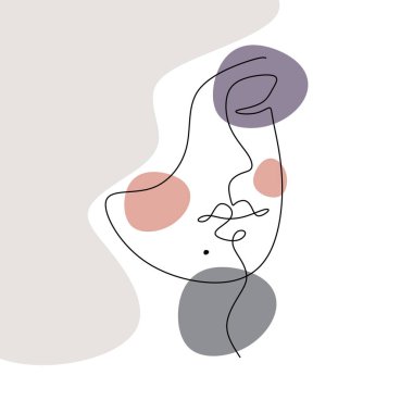 Devamlı bir kadın çizgisi, dudaklarının altında doğum lekesi olan soyut bir yüz. Güzel soyut kadın yüzü beyaz arkaplanda tek satır biçiminde izole edilmiş..