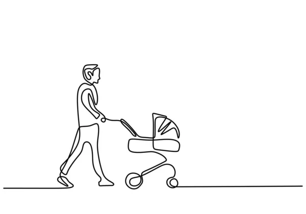 Continuous Single Line Drawing Young Happy Father Pushing Baby Trolley — Stock Vector