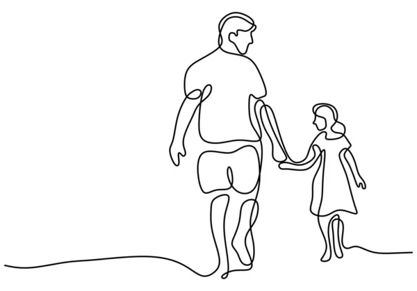 Continuous Single Line Drawing Young Daddy Holding His Daughter Walking — Διανυσματικό Αρχείο