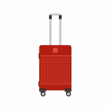 Modern kırmızı bavul beyaz arka planda izole edilmiş. Düz element tarzında seyahat etmek için kırmızı bavul.