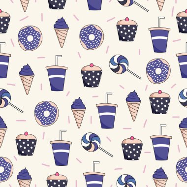 Beyaz zemin üzerinde mavi fast food elementi izole edilmiş pürüzsüz desenli arka plan.