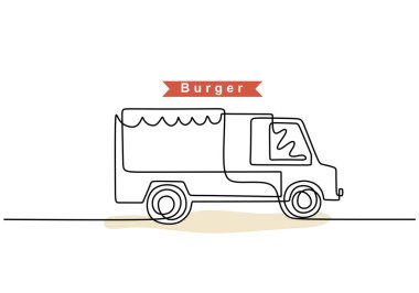 Hamburger kamyonunun tek sıra halinde durması. Hamburger kamyonu beyaz arka planda izole edilmiş..