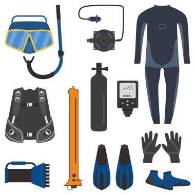 Beyaz arkaplanda izole edilmiş düz element biçiminde dalış araçları.