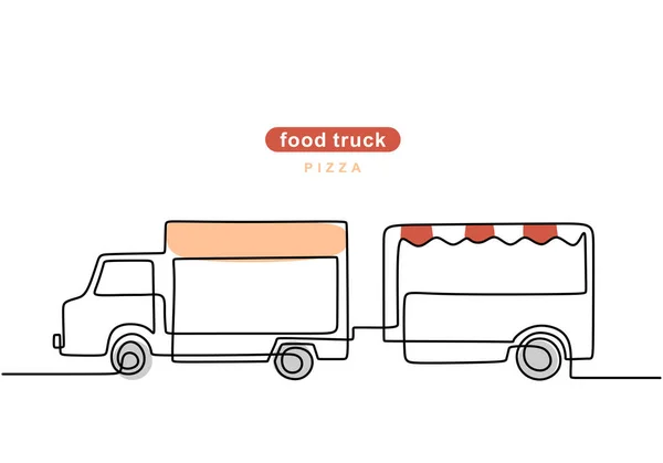 Single Continuous Line Pizza Food Truck Trailer Pizza Trailer Truck — Stock Vector