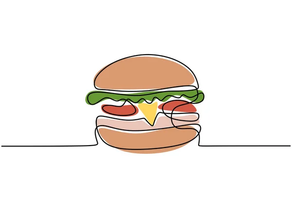 Single Continuous Line Hamburger Big Burger Fast Food One Line — Stock Vector