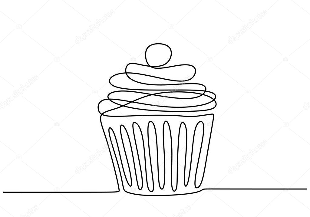 Single continuous line of cupcake. Cupcake fast food in one line style isolated on white background.