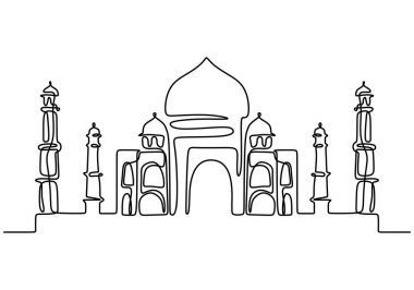 Tac Mahal 'in aralıksız ingilizcesi. Hindistan 'daki Taj Mahal' in tek bir çizgisi beyaz arka planda izole edilmiş..