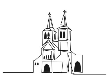 Büyük kilise sürekli olarak vektör minimalist tasarımı çiziyor. Hıristiyan sembolü işareti bir beyaz arkaplan izole.