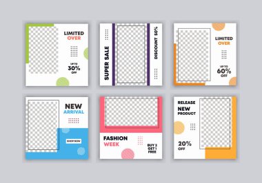 Renkli besleme sosyal medya şablon tasarımı. Pembe, yeşil, sarı, turuncu, mavi ve mor renkler. Sosyal medya paylaşımı ve internet veya internet reklamları için uygun satış promosyonu. Vektör moda satışı