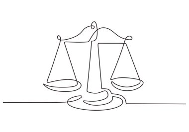 Ağırlık dengesi sembolü aralıksız bir çizgi çiziyor. Terazi ya da hukuk kimliği beyaz arka planda izole edilmiş. Adaletin terazisi elinden siluetin bir resmini çekti. Vektör illüstrasyonu