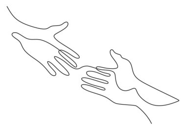 Birbirine zar zor dokunan iki elin sürekli çizdiği çizgi. Beyaz arka planda izole edilmiş iki elin basit çizimi. İnsanlar birbirlerini sembolize ediyorlar. Vektör illüstrasyonu