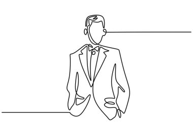 Erkekler daimi olarak beyaz arka plana çizilmiş gelinlik giyiyorlar. Nikah partisinde zarif stil konsepti minimalist tasarımı olan yakışıklı bir genç. Vektör illüstrasyonu