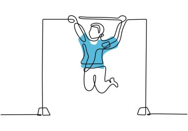 Oyun parkında kaldırılan bir çocuğun tek sıra çizimi. Oyun grubunda oynayan enerjik küçük çocuk beyaz arka planda izole edilmiş. Mutlu çocukluk konsepti minimalist stili. Vektör illüstrasyonu