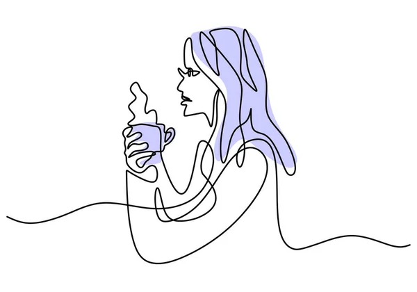 Egy Gyönyörű Nőt Ábrázoló Egysoros Rajz Folyamatosan Iszik Egy Csésze — Stock Vector