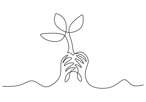 Desenho Contínuo Uma Linha Mãos Humanas Segurando Uma Planta Para — Vetor de Stock
