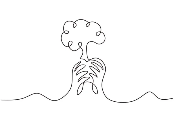 连续一行画着人类手牵着植物的图画 描述着在白色背景下与大自然隔离的主题 成长和热爱地球的概念 矢量简约设计 — 图库矢量图片