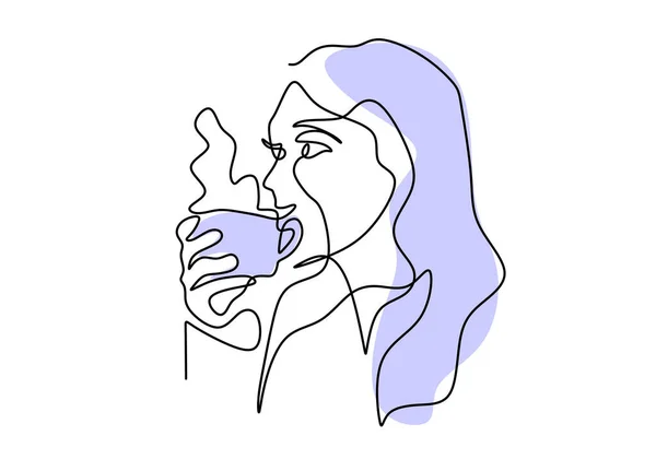 Непрерывный Рисунок Одной Линии Красивой Женщины Пьет Чашку Кофе Утрам — стоковый вектор