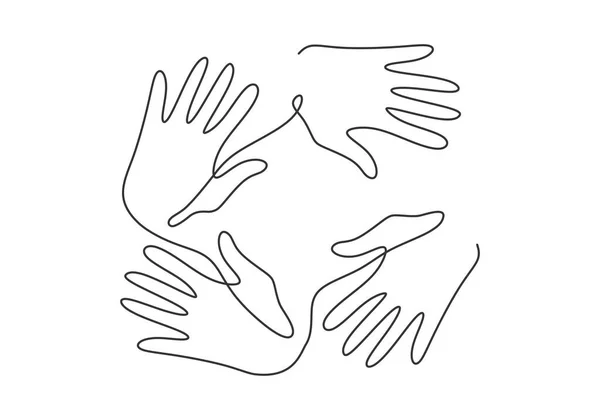 Continuous Line Drawing Four Human Hands Showing Business Teamwork Friendship — Stock Vector