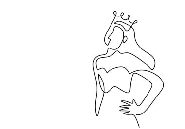 Beyaz arka planda zarif duruş sergilerken güzel prensesin sürekli tek sıra çizimi. Krallıktaki sihirli kraliçe kavramı Minimalist el yapımı tasarım