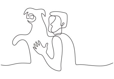 Mutlu adamın köpek evcil hayvanıyla oynadığı çizgiler devam ediyor. Genç ve mutlu bir erkek köpeğiyle evde vakit geçirir basit çizgi sanatı ile minimalist tasarım çizer. Vektör illüstrasyonu