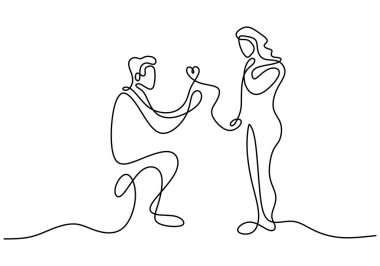 Karı kocanın gelin ve damadın sürekli çizilen bir çizgisi evlidir. Aşık mutlu çift beyaz arka planda izole edilmiş. Düğün töreni konsepti. Vektör illüstrasyonu