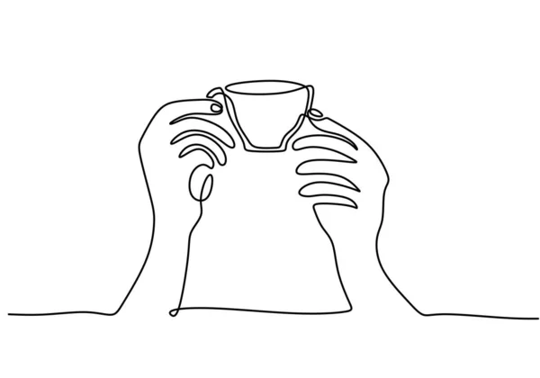 Eine Durchgehende Linienzeichnung Von Händen Die Eine Tasse Heißen Kaffee — Stockvektor