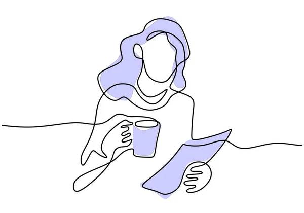 连续画单行的年轻女商人坐在沙发上看书 喝着一杯咖啡 喝茶的概念独立于白色背景 矢量说明 — 图库矢量图片