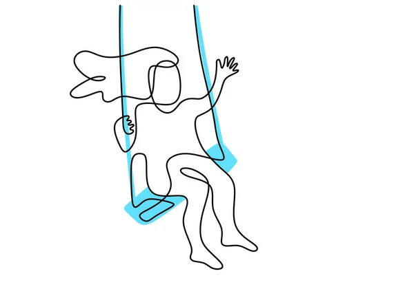 Continuous one line drawing of a cute kid sitting and playing swinging minimalism design. A little girl is very cheerful playing at the playground. Happy childhood isolated on white background — Stock Illustration Continuous One Line Drawing Cute Kid Sitting Playing Swinging Minimalism Vector Graphics