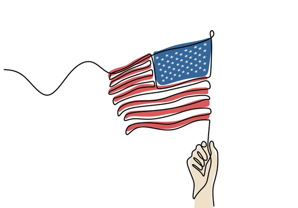 Jeden Ciągły Rysunek Dłoni Trzymającej Amerykańską Flagę Białym Tle Minimalistycznego — Wektor stockowy