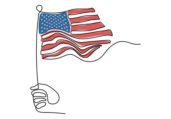Один Сплошной Рисунок Руки Американским Флагом Белом Фоне Минималистского Дизайна — стоковый вектор