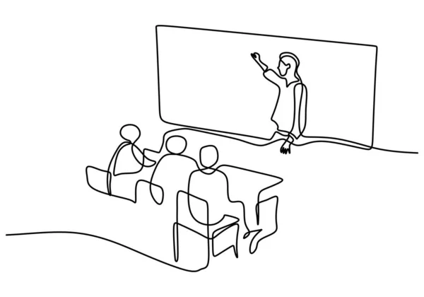 教室で生徒を説明する教師の連続1行の図面 学校に戻るというコンセプト 教育手描き線画ミニマリズムデザインを学ぶ ベクターイラスト — ストックベクタ