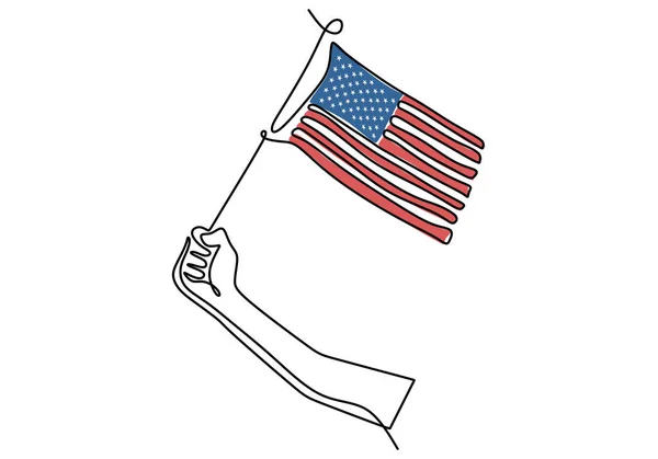 Desenho Contínuo Linha Única Mão Segurando Bandeira Americana Isolada Fundo — Vetor de Stock