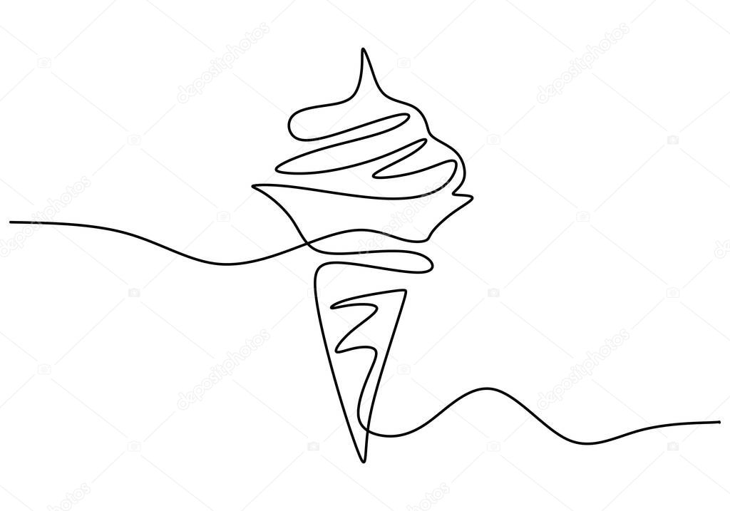 Continuous one line drawing of ice cream cone isolated on white background. Fresh delicious ice cream. Summer sweet dessert ice cream cafe shop logotype template concept. Vector illustration