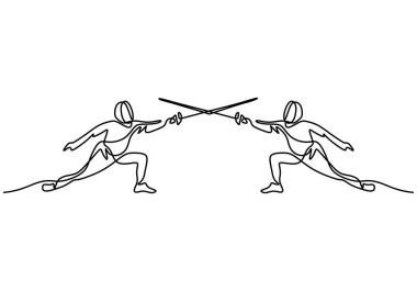 Profesyonel spor sahasında kılıç talimi yapan iki eskrim atletinin sürekli çizdiği bir çizgi. Turnuva boyunca hızlı hareket eden iki sporcu. Vektör illüstrasyonu