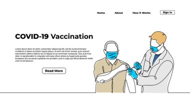 İniş sayfası için bir adama sürekli aşı enjekte eden bir doktor çizgisi. Web sitesi için aşı arkaplanı.
