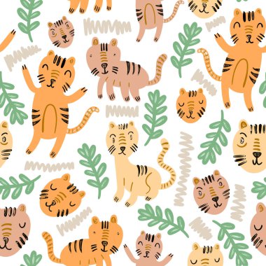 Beyaz arka planda izole şirin kedi ve çiçeklerin kusursuz deseni.